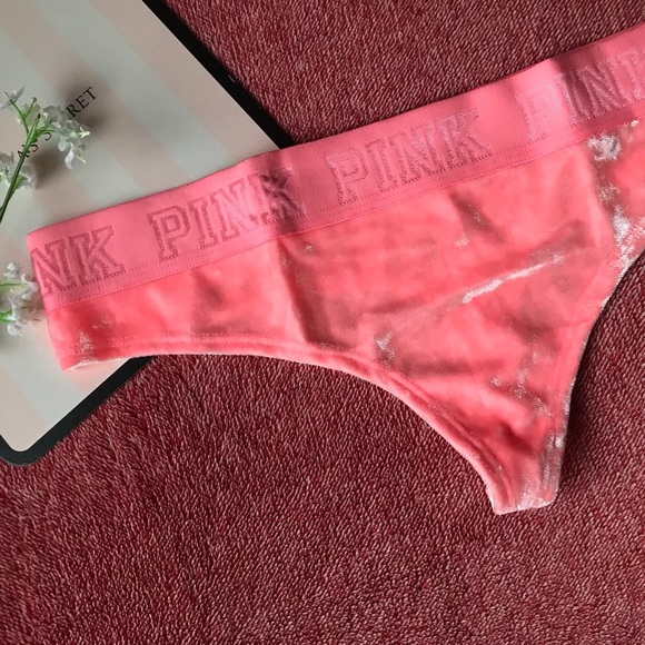 Victoria's Secret PINK Velvet Thong Panty Hot Coral Blossom NEW - Picture 1 of 3